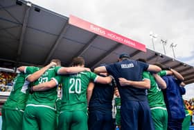 Ireland team huddle after the loss against France. (Photo by WorldSportPics/Will Palmer via Hockey Ireland)