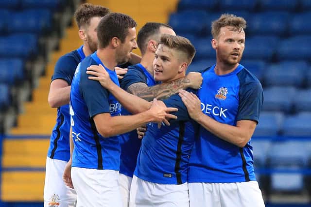Josh Daniels celebrates his goal for Glenavon against Molde
