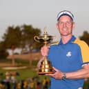 Luke Donald, Captain of Team Europe poses with the Ryder Cup at Marco Simone Golf Club in Rome, Italy. (Photo by Ross Kinnaird/Getty Images)