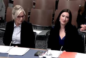 Video grab of Stormont First Minister Michelle O'Neill (left) and deputy First Minister Emma Little-Pengelly appearing before the Executive Office committee at Stormont