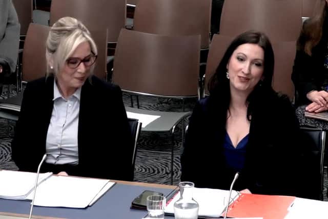 Video grab of Stormont First Minister Michelle O'Neill (left) and deputy First Minister Emma Little-Pengelly appearing before the Executive Office committee at Stormont
