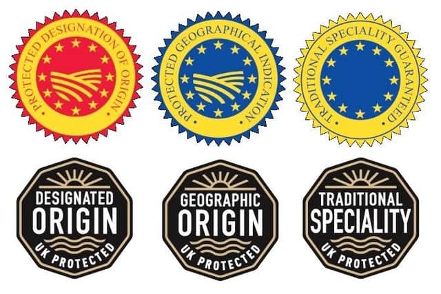 The EU protected food logos (top), and the UK versions (bottom)
