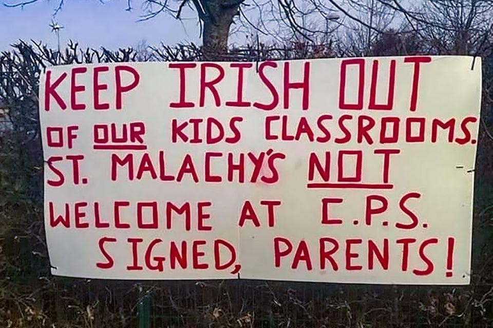 Police treating 'keep Irish out' poster at Northern Ireland primary school as sectarian hate crime