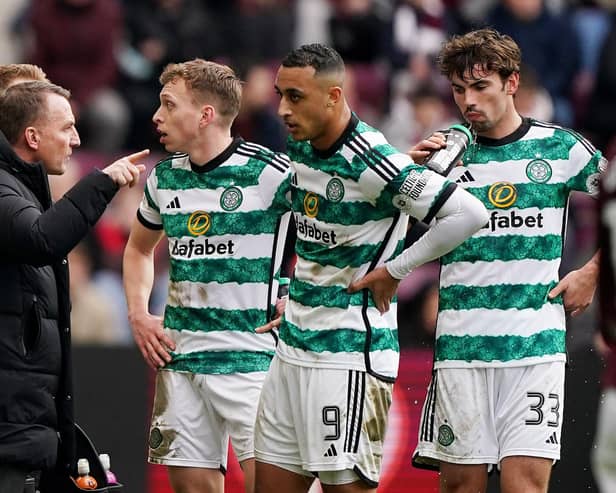 Northern Ireland-born Celtic manager Brendan Rodgers talking to his players during the weekend cinch Premiership loss to Hearts. (Photo by Andrew Milligan/PA Wire)