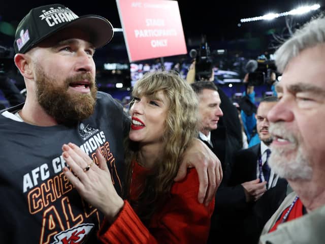 Travis Kelce of the Kansas City Chiefs celebrates with Taylor Swift after a 17-10 victory against the Baltimore Ravens in the AFC Championship game at M&T Bank Stadium, Maryland. (Photo by Patrick Smith/Getty Images)