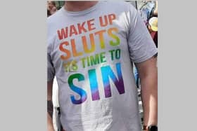The slogan on a T shirt at the Belfast pride parade on July 29 2023