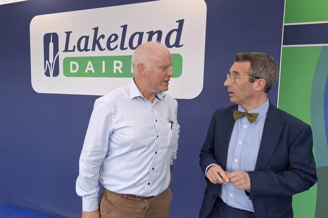 Minister for Agriculture, Environment and Rural Affairs (DAERA),  Andrew Muir MLA Lakeland Dairies’ Chairperson, Niall Matthews, pictured at Balmoral Show. (Pic: Freelance)