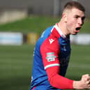 Linfield's Ethan McGee celebrates his goal against Institute. PIC: Desmond Loughery/Pacemaker Press