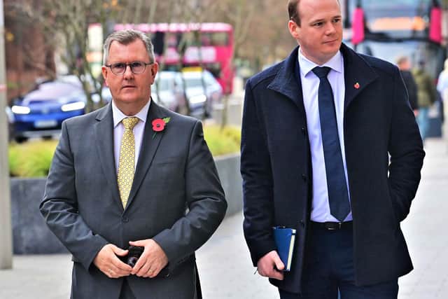 Pacemaker Press 01/11/22: DUP Leader Jeffrey Donaldson and Gordon Lyons at Erskine House in Belfast on Monday as SoS Chris Heaton-Harris  holds talks with the leaders of the main Stormont parties to discuss the "next steps" amid the political deadlock