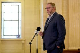 UUP leader Doug Beattie speaking to the media in the Great Hall at Stormont Castle following a meeting with party represntatives and Jayne Brady, head of the Northern Ireland Civil Service, to discuss budget issues. Picture date: Wednesday April 5, 2023.