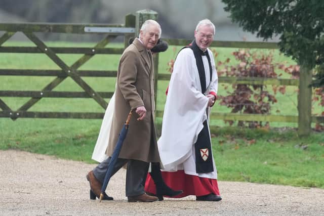 King Charles III and Queen Camilla arrive to attend a Sunday church service at St Mary Magdalene Church in Sandringham, Norfolk, today