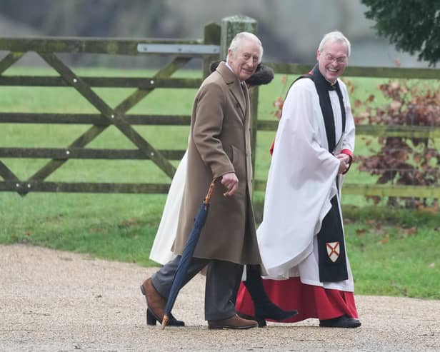 King Charles III and Queen Camilla arrive to attend a Sunday church service at St Mary Magdalene Church in Sandringham, Norfolk, today
