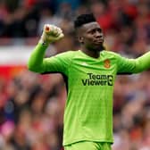 Manchester United goalkeeper Andre Onana celebrates at Old Trafford, Manchester. PIC: Nick Potts/PA Wire.