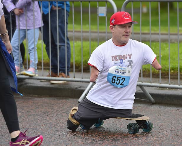 Chris Koch, who was born without limbs, completed the Belfast Marathon on Sunday