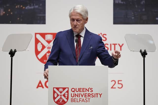 Former US president Bill Clinton, speaking at Queen's University on Wednesday to mark the 25th anniversary of the Belfast Agreement. Delivered as if offering the advice of a benign uncle, Mr Clinton had some brutal lines for unionists without naming the DUP