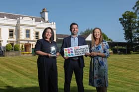 Northern Ireland Chamber of Commerce and Industry (NI Chamber) is inviting member businesses across Northern Ireland to enter the 2023 Chamber Business Awards before the deadline of Friday, June 23. Pictured are Leigh Heggarty and Tiarnán O’Neill from Galgrom Group, who won ‘The Equality Trailblazer’ at last year’s NI Chamber Awards, pictured with Olivia Stewart, senior communications & engagement manager, NI Chamber