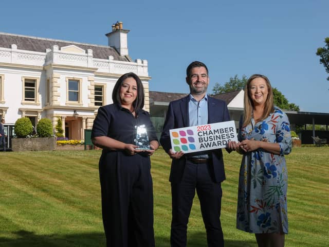 Northern Ireland Chamber of Commerce and Industry (NI Chamber) is inviting member businesses across Northern Ireland to enter the 2023 Chamber Business Awards before the deadline of Friday, June 23. Pictured are Leigh Heggarty and Tiarnán O’Neill from Galgrom Group, who won ‘The Equality Trailblazer’ at last year’s NI Chamber Awards, pictured with Olivia Stewart, senior communications & engagement manager, NI Chamber