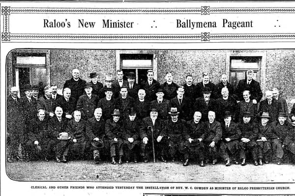A picture from the News Letter from March 1928 to mark the occasion of the Reverend W C Cowden becoming the minister of  Raloo Presbyterian Church, Larne. Picture: News Letter archives/Darryl Armitage