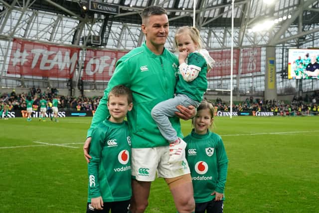 Ireland's Jonathan Sexton celebrates with his children following the Guinness Six Nations match at the Aviva Stadium in Dublin, Ireland. Picture date: Saturday February 11, 2023.