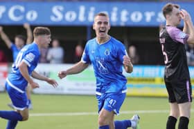 James Convie celebrates scoring for Dungannon Swifts against Loughgall earlier this season. PIC: David Maginnis/Pacemaker Press
