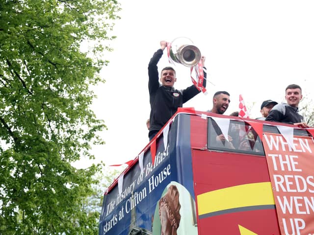 Cliftonville's Ronan Hale with the Irish Cup during a Belfast trophy tour to celebrate a first success since 1979. (Photo by Pacemaker)