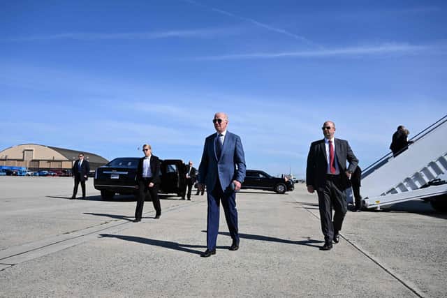 US President Joe Biden approaches to speak to the press before boarding Air Force One, as he departs for Northern Ireland, at Joint Base Andrews in Maryland on April 11, 2023. (Photo by Jim WATSON / AFP) (Photo by JIM WATSON/AFP via Getty Images)