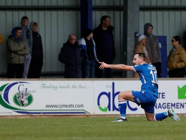 Loughgall's Andrew Hoey celebrates his goal. PIC: Alan Weir/Pacemaker Press