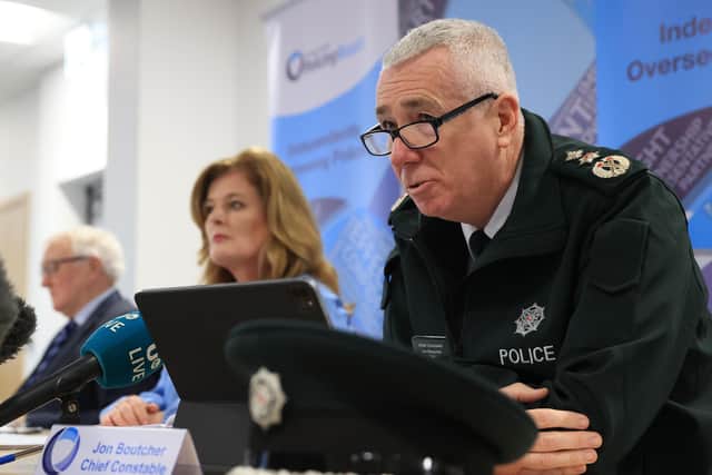 Policing Board vice-chair Edgar Jardine, Policing Board chair Deirdre Toner and PSNI Chief Constable Jon Boutcher speak following the release of the findings of an independent review into the PSNI data breach. Picture date: Monday December 11, 2023.