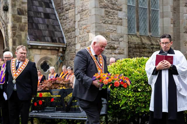 The leaders of the Loyal Orders came together in County Tyrone on Friday, 1st of September, 2023, to mark the sixth annual Orange Victims’ Day. Orange Order Grand Master Edward Stevenson lays a wreath after the religious service in memory of the 342 members of the order murdered during the Troubles.
(Photo by Graham Baalham-Curry)