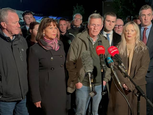 Sinn Fein president Mary-Lou McDonald and Breandan MacCionnaith of the Garvaghy Road Residents Coalition speak to media outside the Drumcree Community Centre on Friday night, after Northern Ireland Secretary Sir Chris Bryant announced that he has banned the contentious Drumcree parade. Picture date: Friday October 9, 2026.