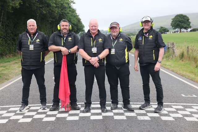 Armoy Clerk of the Course William Munnis (centre) with officials (from left) Dom Gilmore, Jason Morrow, Davy Guild and Gareth McAuley.