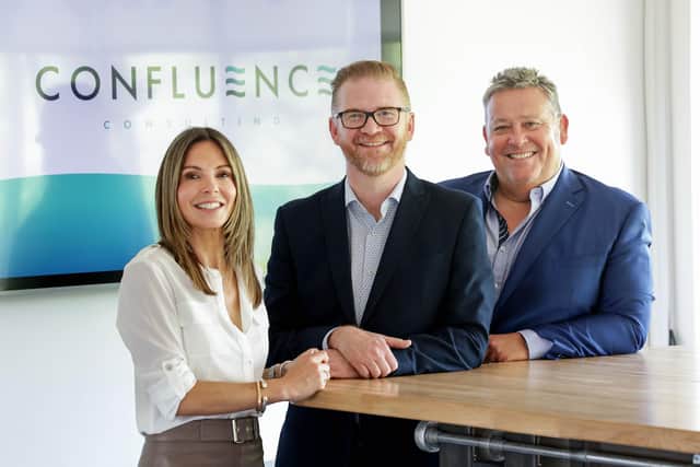 The Ardmore Group, which incorporates creative advertising company Ardmore, PR specialists LK Communications and eCommerce industry leader Built for Growth (BFG) Digital, has launched a new strategic advisory and consultancy business as part of its core services. The new business Confluence Consulting, will be led by former Stormont Minister Simon Hamilton, who will be departing from his role as Belfast Chamber Chief Executive after almost four years. Pictured are LK Communications managing director Nikki Larkin, Confluence Consulting head Simon Hamilton and Ardmore Group chief executive officer John Keane