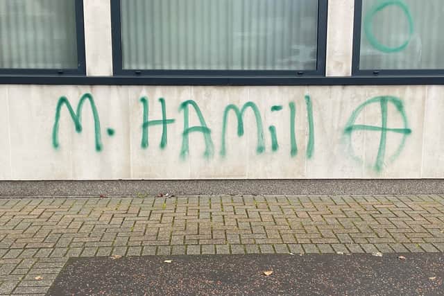 Newtownards Courthouse in Co Down where the name of district judge Mark Hamill was daubed on the building alongside a crosshair and a number of windows were smashed. Picture date: Wednesday July 26, 2023. Photo: Rebecca Black/PA Wire