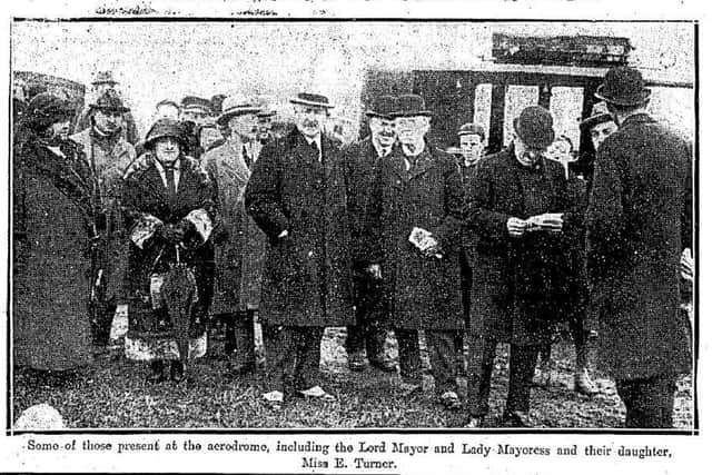 A photograph from the News Letter in May 1924 it shows some of those present at the aerodrome, including the Lord Mayor and Lady Mayoress and their daughter, Miss E Turner. Picture: News Letter archives/Darryl Armitage