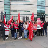 NIPSA Branch 47 members, of the Department of Justice, on strike outside Laganside Court. The unions involved include the Northern Ireland Public Service Alliance (Nipsa) the civil servants union, along with members of the Public and Commercial Services Union (PCS), the National Union of General and Municipal Workers (GMB), Unite and all the teachers' unions.Picture by Phil Magowan / Press Eye