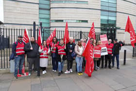 NIPSA Branch 47 members, of the Department of Justice, on strike outside Laganside Court. The unions involved include the Northern Ireland Public Service Alliance (Nipsa) the civil servants union, along with members of the Public and Commercial Services Union (PCS), the National Union of General and Municipal Workers (GMB), Unite and all the teachers' unions.Picture by Phil Magowan / Press Eye