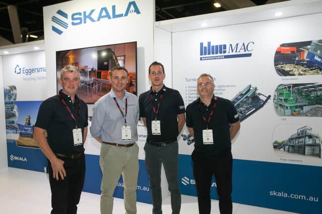 Antrim firm, JANS Group has acquired a majority stake in BlueMAC, a world leader in the design, planning and manufacture of material processing systems. Pictured are Ciaran McCarney, managing director of BlueMAC, Simon Toal of Skala,  Sean McBride, sales manager and Michael Rea, COO of JANS Group at the Australasian Waste and Recycling Expo in Sydney, Australia