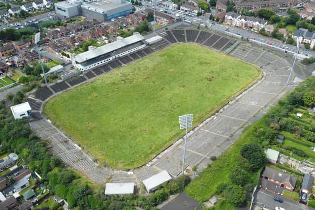 An aerial view of Casement Park GAA stadium from 2023. Photo: Niall Carson/PA Wire.