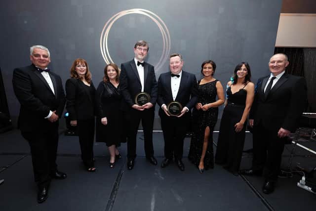 Pictured Mel Chittock, interim chief executive officer of Invest Northern Ireland, Pièr Morrow, European officer at Belfast City Council, Mary McGee, interim business solutions officer at Tourism NI, Professor Ultan Power, Outstanding Services to Society award winner, Professor Mark Taylor, Outstanding Lifetime Achievement award winner, TV presenter and event host Jo Scott, Rachael McGuickin, director of business development, Sustainability & Transformation at Visit Belfast and Gerry Lennon, chief executive of Visit Belfast