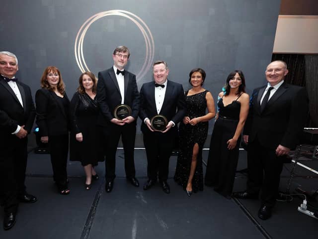 Pictured Mel Chittock, interim chief executive officer of Invest Northern Ireland, Pièr Morrow, European officer at Belfast City Council, Mary McGee, interim business solutions officer at Tourism NI, Professor Ultan Power, Outstanding Services to Society award winner, Professor Mark Taylor, Outstanding Lifetime Achievement award winner, TV presenter and event host Jo Scott, Rachael McGuickin, director of business development, Sustainability & Transformation at Visit Belfast and Gerry Lennon, chief executive of Visit Belfast