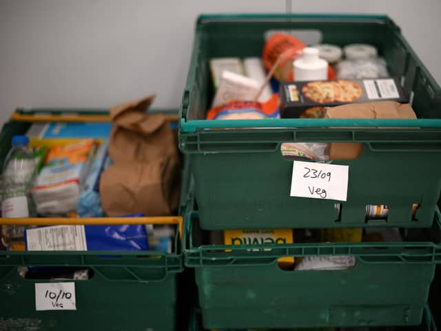 Food waiting in boxes for people to collect from a food bank. While British inflation slowed in November 2022, there is no sign that the same is happening to food inflation.