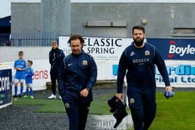 Stephen McDonnell (left) made his first appearance as Glenavon manager on Saturday at Mourneview Park. (Photo by Alan Weir/AWDPhotos)
