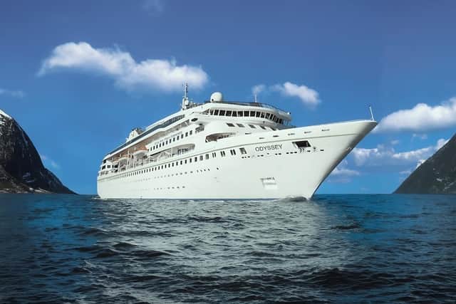 The Villa Vie Odyssey taking in the views of a fjord on a previous cruise. It is due to leave from Belfast on a perpetual round-the-world cruise by next Wednesday.