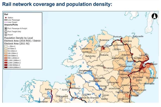 Map of population density in Ulster, overlaid with the current rail network