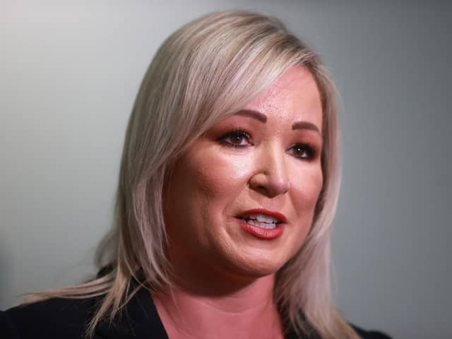 Sinn Fein Stormont leader Michelle O'Neill speaking to the media during the Northern Ireland Investment Summit 2023 at the ICC, Belfast