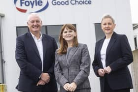 Pictured at the Foyle Food Group in Omagh at the announcement of a major £15million investment are Terry Acheson, CEO of Foyle Food Group, Economy Minister Dr Caoimhe Archibald and Gráinne Moody, director of Food and Drink at Invest NI