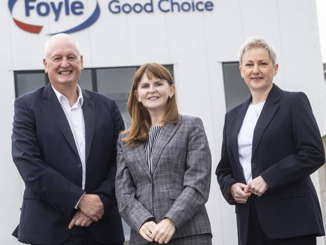 Pictured at the Foyle Food Group in Omagh at the announcement of a major £15million investment are Terry Acheson, CEO of Foyle Food Group, Economy Minister Dr Caoimhe Archibald and Gráinne Moody, director of Food and Drink at Invest NI