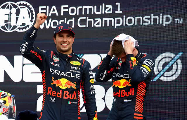 Race winner Sergio Perez of Mexico and Oracle Red Bull Racing and Second placed Max Verstappen of the Netherlands and Oracle Red Bull Racing celebrate during the F1 Grand Prix of Azerbaijan at Baku City Circuit.