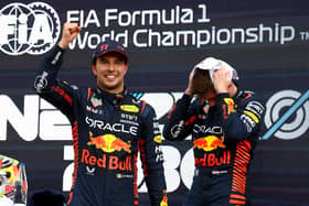 Race winner Sergio Perez of Mexico and Oracle Red Bull Racing and Second placed Max Verstappen of the Netherlands and Oracle Red Bull Racing celebrate during the F1 Grand Prix of Azerbaijan at Baku City Circuit.