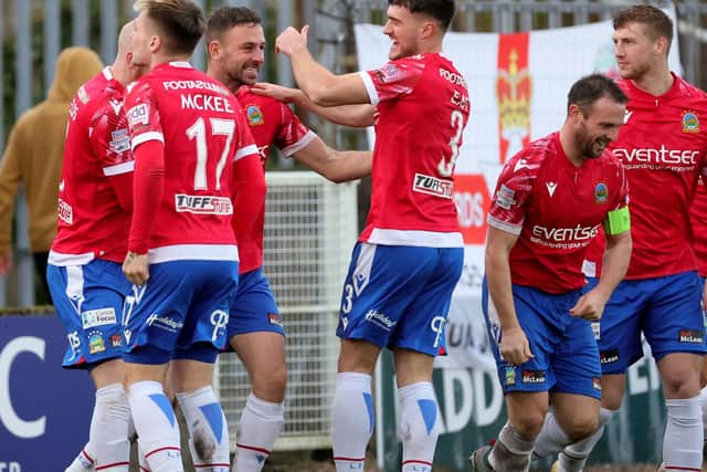 Linfield's Matthew Fitzpatrick celebrates his goal during their match against Newry City at Newry Showgrounds, Newry. PIC: David Maginnis/Pacemaker Press